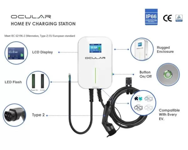 Ocular LTE Universal Charging Station | 7kw | w/6m Type 2 Cable